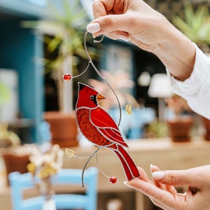 Red Cardinal stained glass window hangings Christmas bird lover gift Bird stained glass suncatcher Memorial gift Gift for Christmas image 3