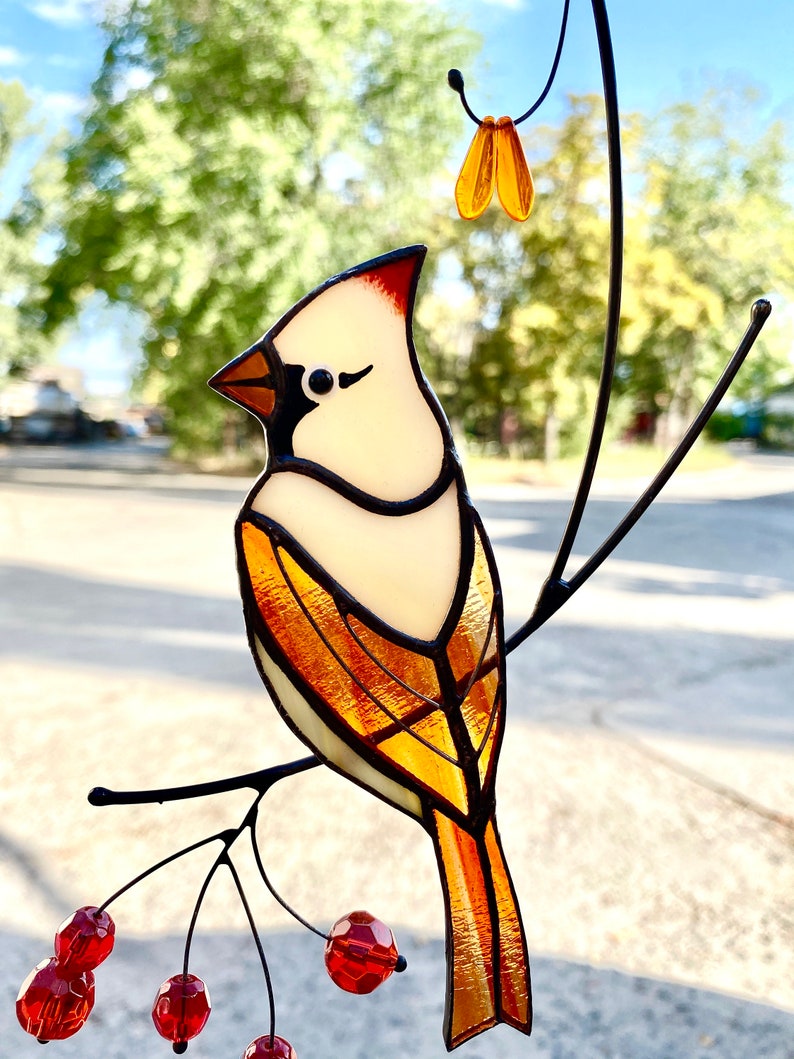 Female Red Cardinal Stained Glass Window Hanging Red Cardinal Etsy