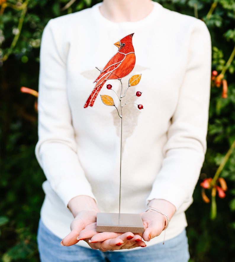 Red cardinal suncatcher Window decor Stained glass home decor Father's Day gift idea Home decor indoor image 7