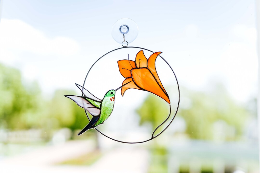 Stained Glass Window Hangings Hummingbird With Flower - Etsy