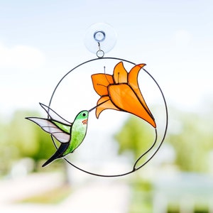 Stained glass window hangings Hummingbird with flower Suncatcher stained glass gift for mom