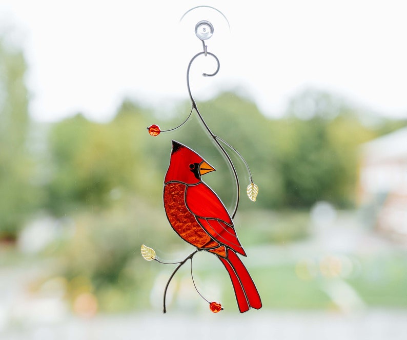 Red Cardinal stained glass window hangings Christmas bird lover gift Bird stained glass suncatcher Memorial gift Gift for Christmas Male red cardinal