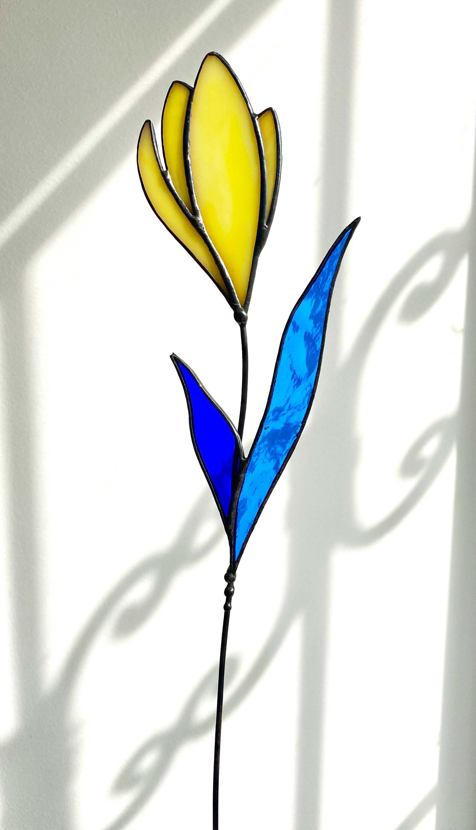 Stained Glass Garden Stake Glass Flower Blue Yellow Flower Etsy