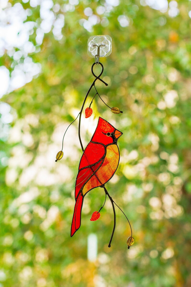 Suncatcher Red Cardinal stained glass window hanging home Etsy