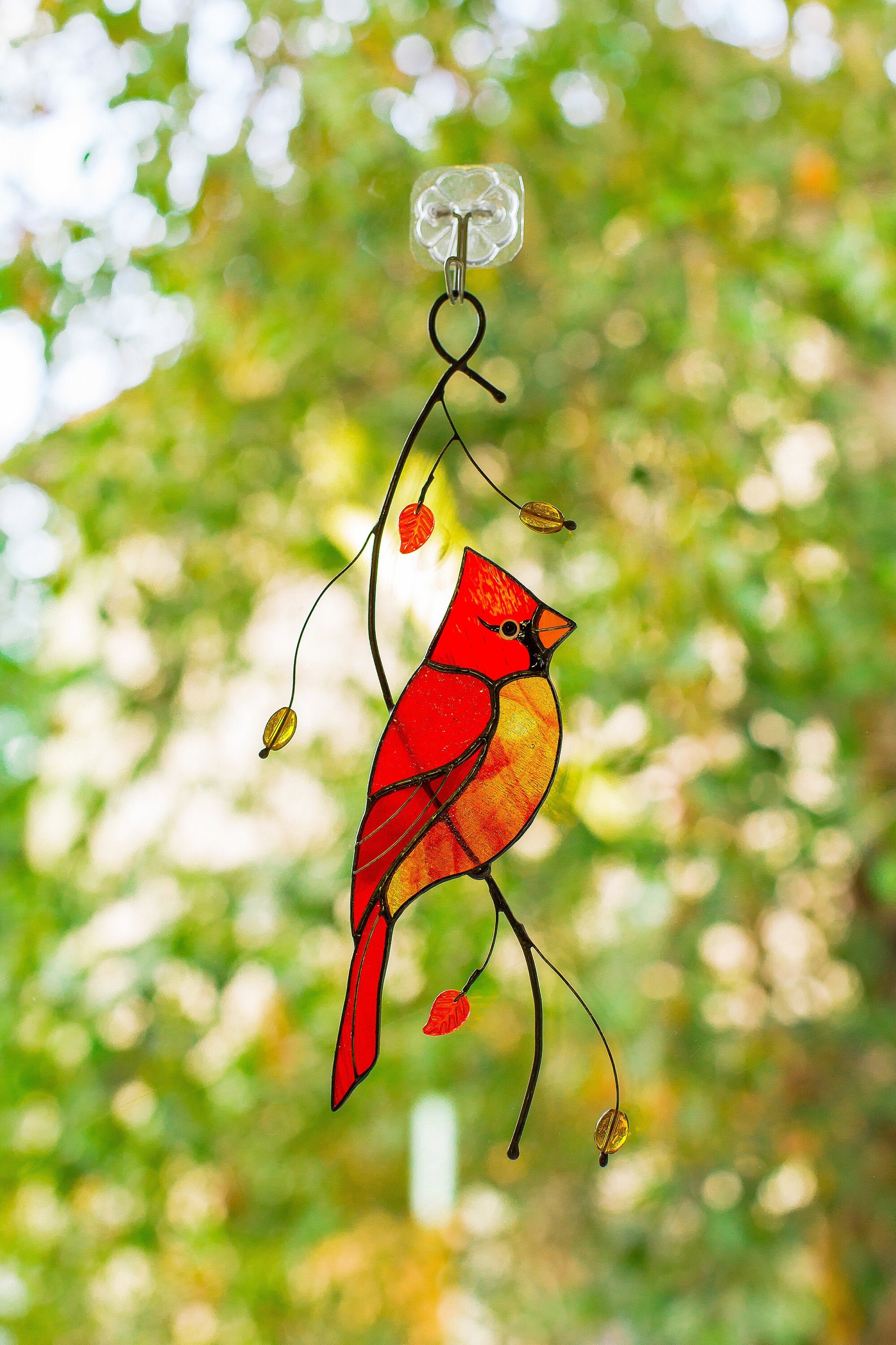 Suncatcher Red Cardinal stained glass window hanging home Etsy