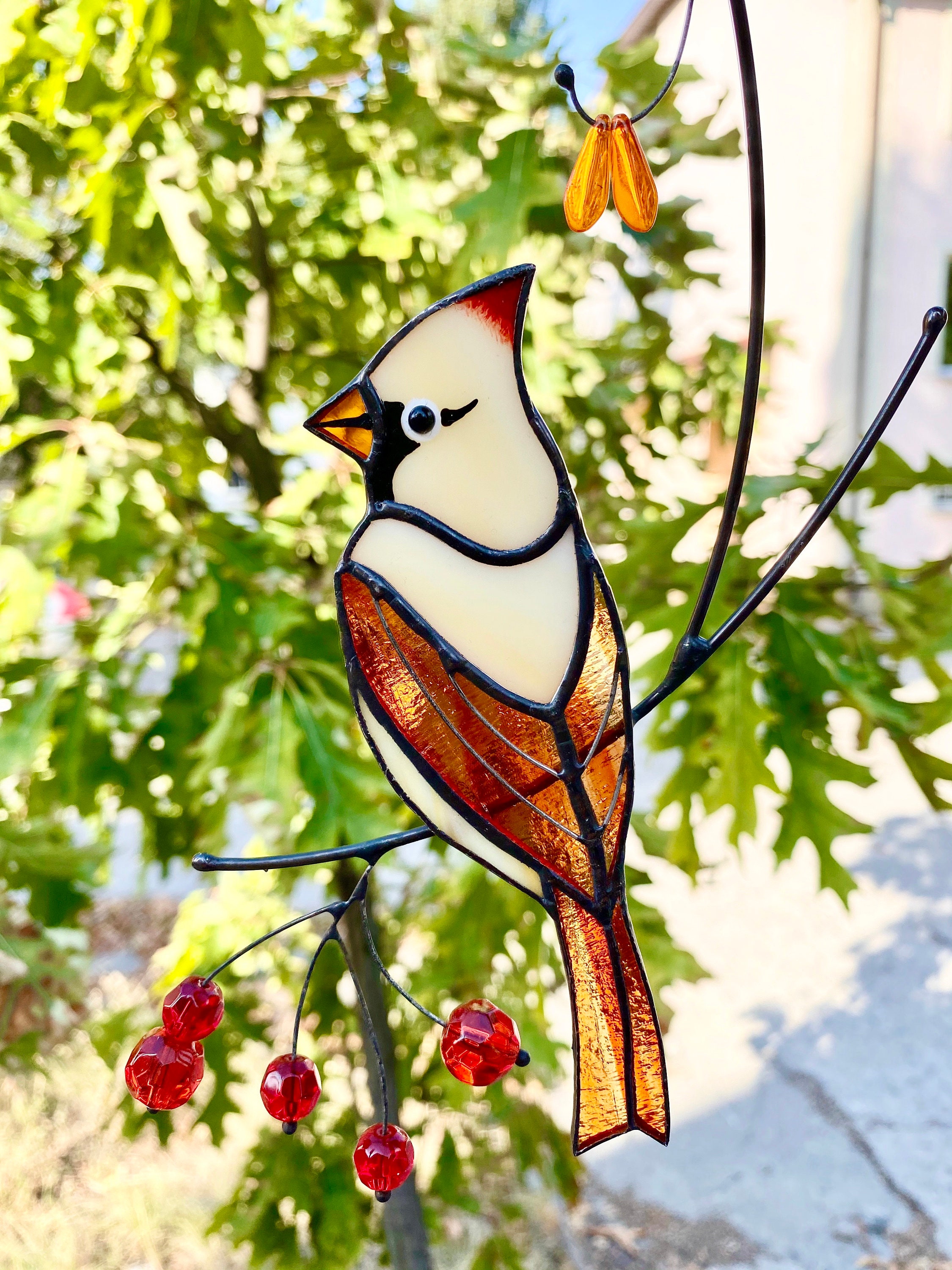 Female red cardinal Stained glass Window Hanging Red Cardinal Etsy