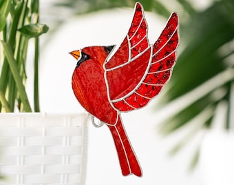 Stained Glass Red Cardinal Suncatcher Home and Garden Decor for Flower Pot for Grandma