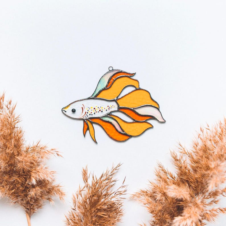 Stained Glass Betta Fish Suncatcher: Siamese Fighting Fish Window Hanging Mother's Day Gift Orange Fish # 3
