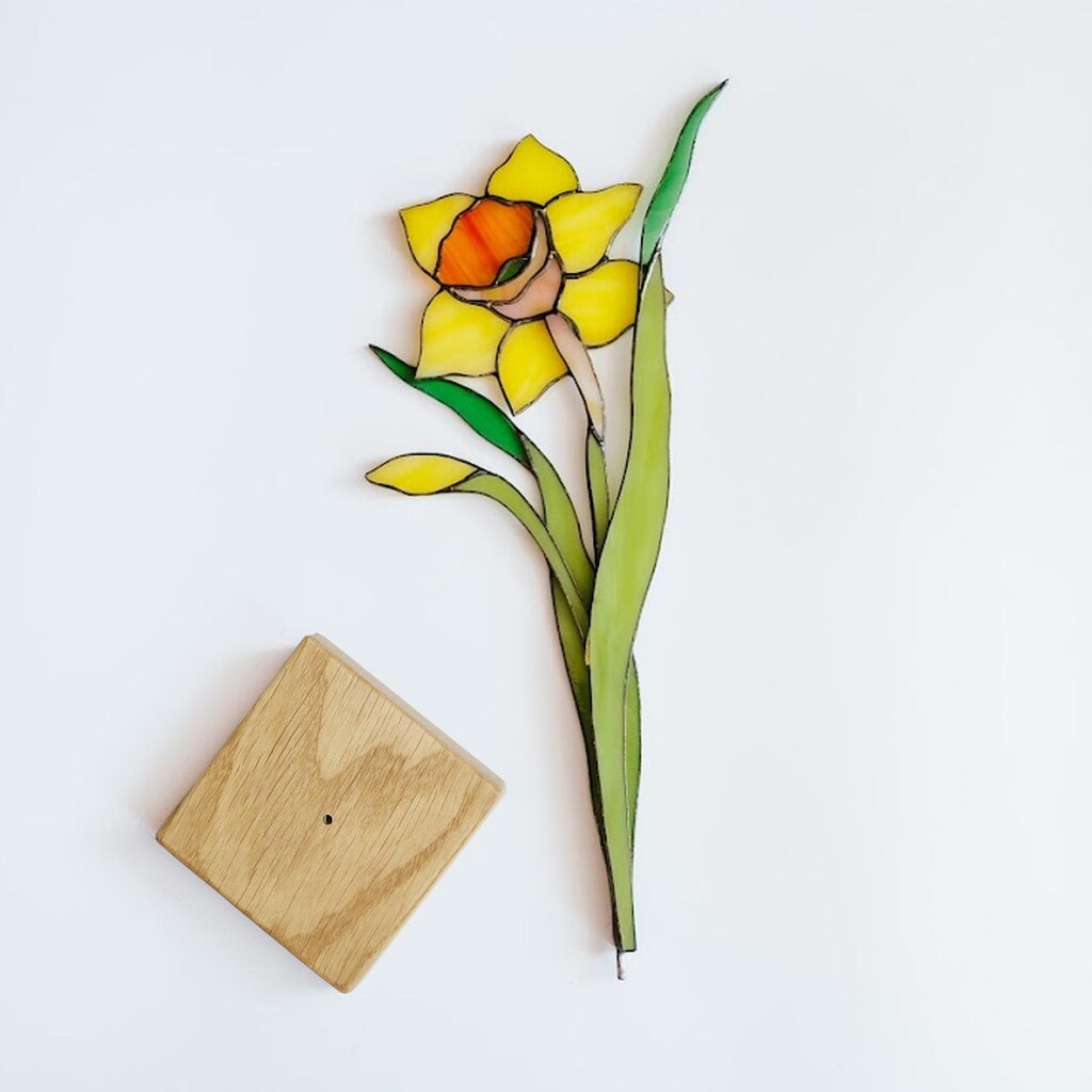Acchiappasole In Vetro Dipinto A Mano Con Narcisi – 15x15 Cm, Regalo Simbolico