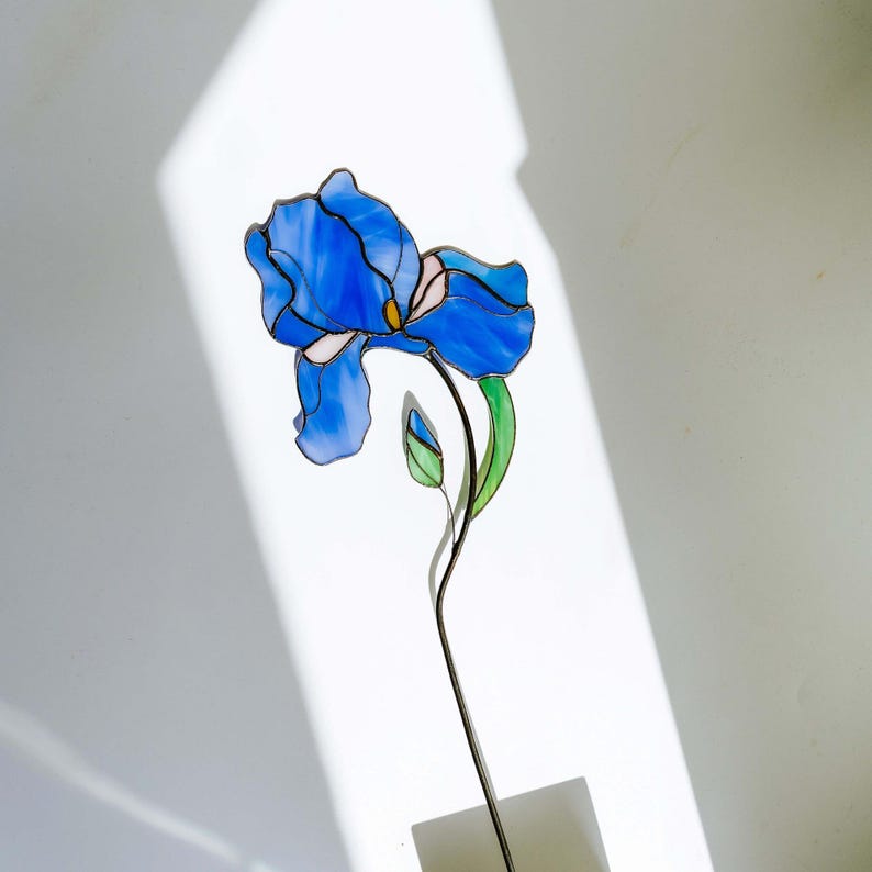 Blue Iris Stained Glass Flower Table Decor, Handmade Floral Suncatcher Mother’s Day Gift image 4