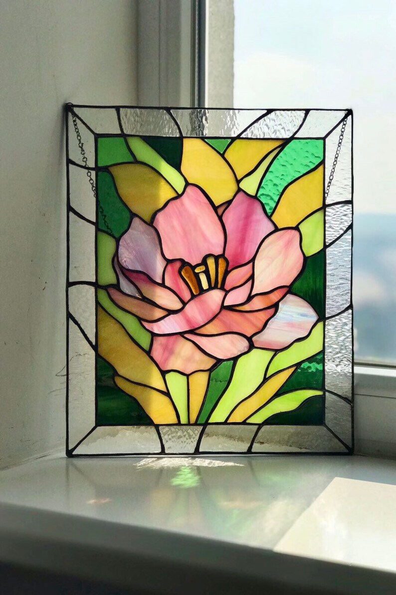 Peony Stained Glass Panel Window Hanging Stained Glass Home Etsy