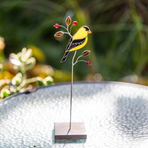 Goldfinch stained glass suncatcher on a stone stand Table decor Modern art Gift for for mother Christmas gift image 2