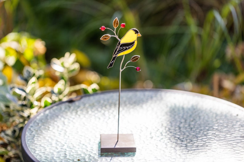 Goldfinch stained glass suncatcher on a stone stand Table decor Modern art Gift for for mother Christmas gift image 2