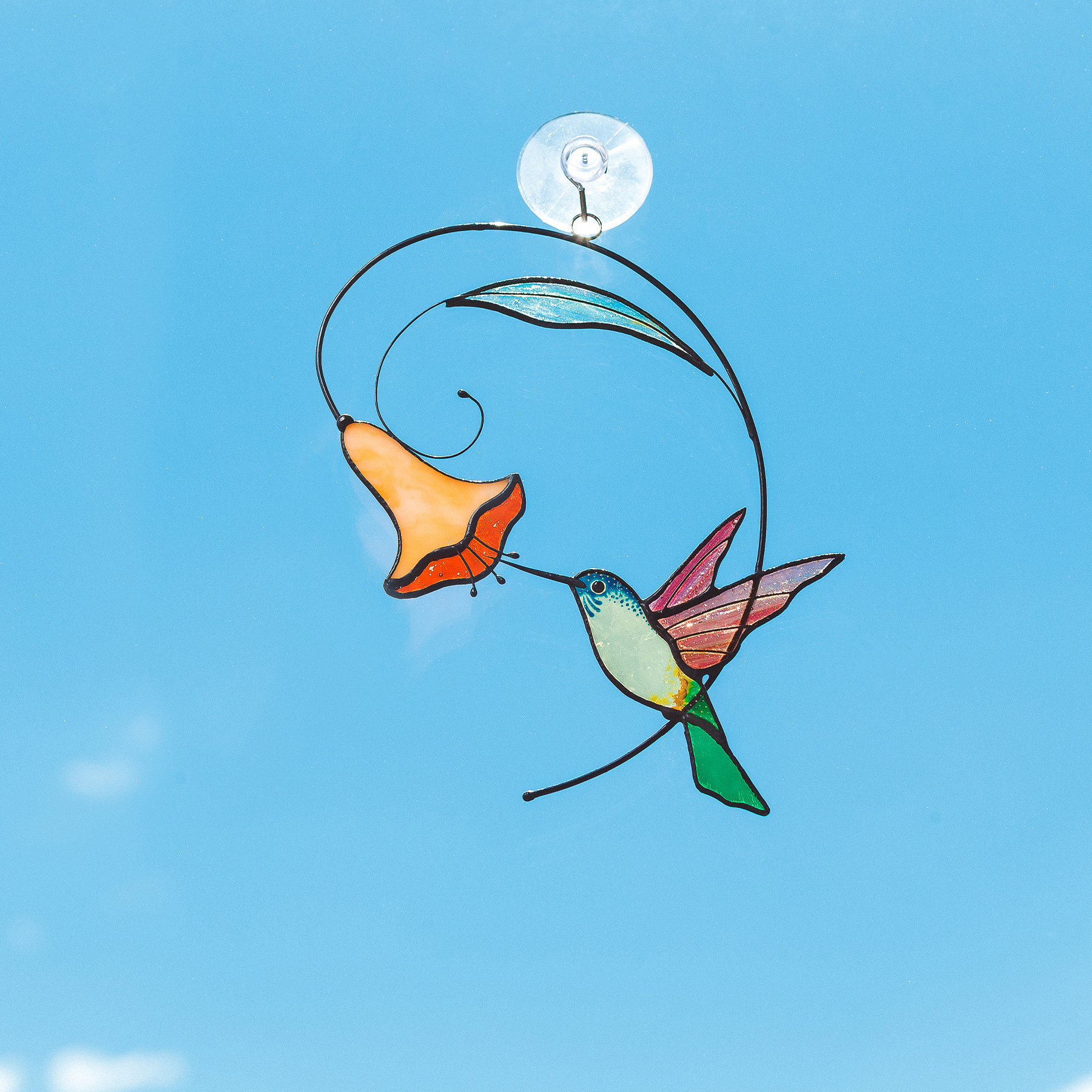 Acchiappasole In Vetro Colorato Viola Con Colibrì, Uccelli E Fiori, Dipinto A Mano, 15 Cm, Regalo Per Finestra Per Amanti Della Natura