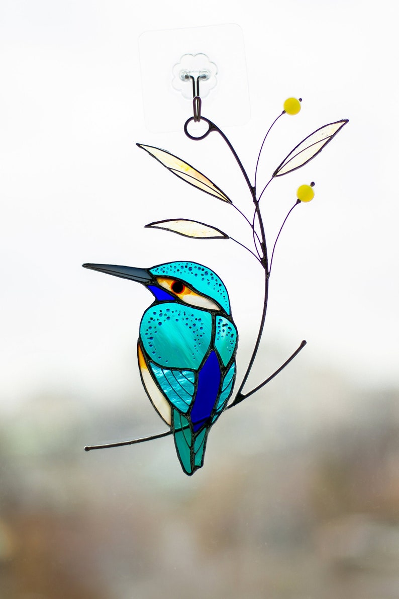 Stained glass Kingfisher stained glass suncatcher for windows bird decor stained glass window hanging custom stained glass Christmas Gift 画像 6