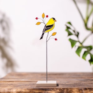 Goldfinch stained glass suncatcher on a stone stand Table decor Modern art Gift for for mother Christmas gift image 8