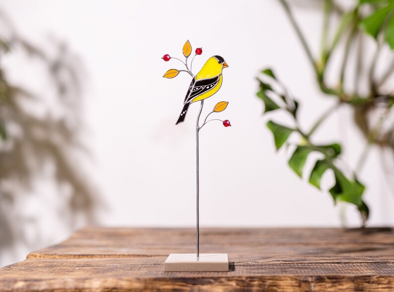 Goldfinch stained glass suncatcher on a stone stand Table decor Modern art Gift for for mother Christmas gift image 8