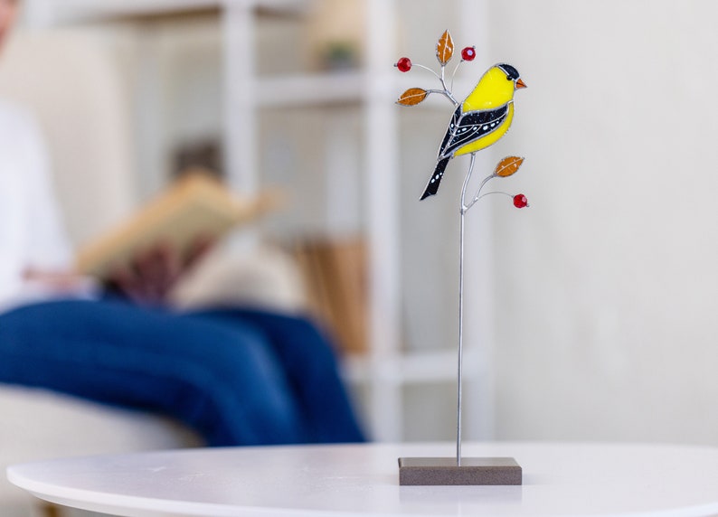 Goldfinch stained glass suncatcher on a stone stand Table decor Modern art Gift for for mother Christmas gift image 6