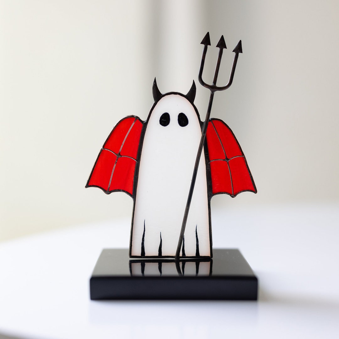 Stained Glass Halloween Ghost With Red Wings and Pitchfork - Table 