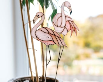 Estaca de jardim em vitral com flamingo rosa - Decoração para janela e vaso de flores - Presente para o Dia das Mães