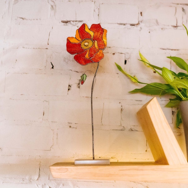 Vitrail 3D Fleur de pavot rouge Décoration de table Cadeau pour ici Cadeau de Noël