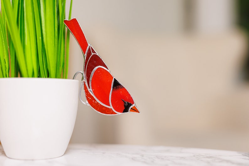 Stained glass Red cardinal planter decor Gift for mom Bird lover gift Mother's Day gift Farmhouse decor image 1