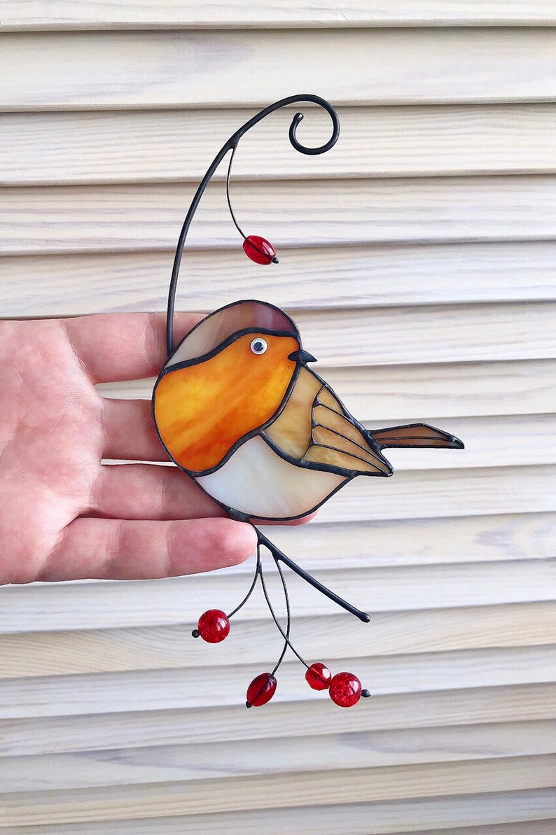 Robin bird stained glass suncatcher window hanging gift / Etsy