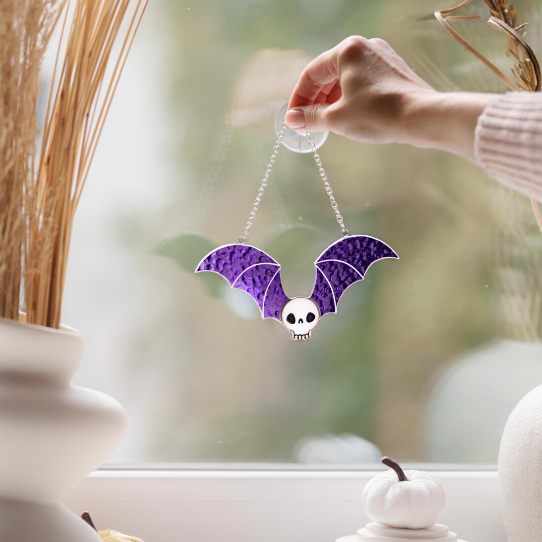Purple Bat Stained Glass Suncatcher, Halloween Decor for Window - Etsy