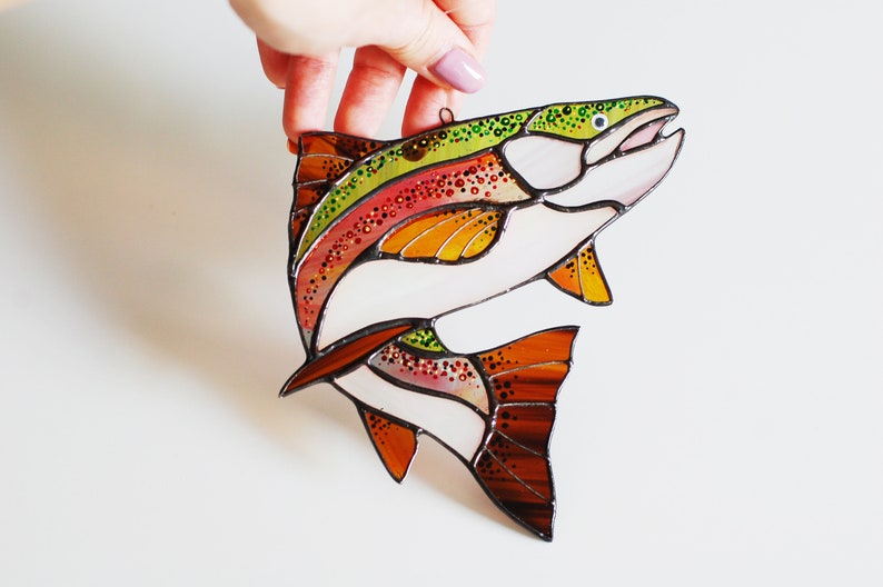 Trout fish suncatcher stained glass window hanging fisherman Etsy
