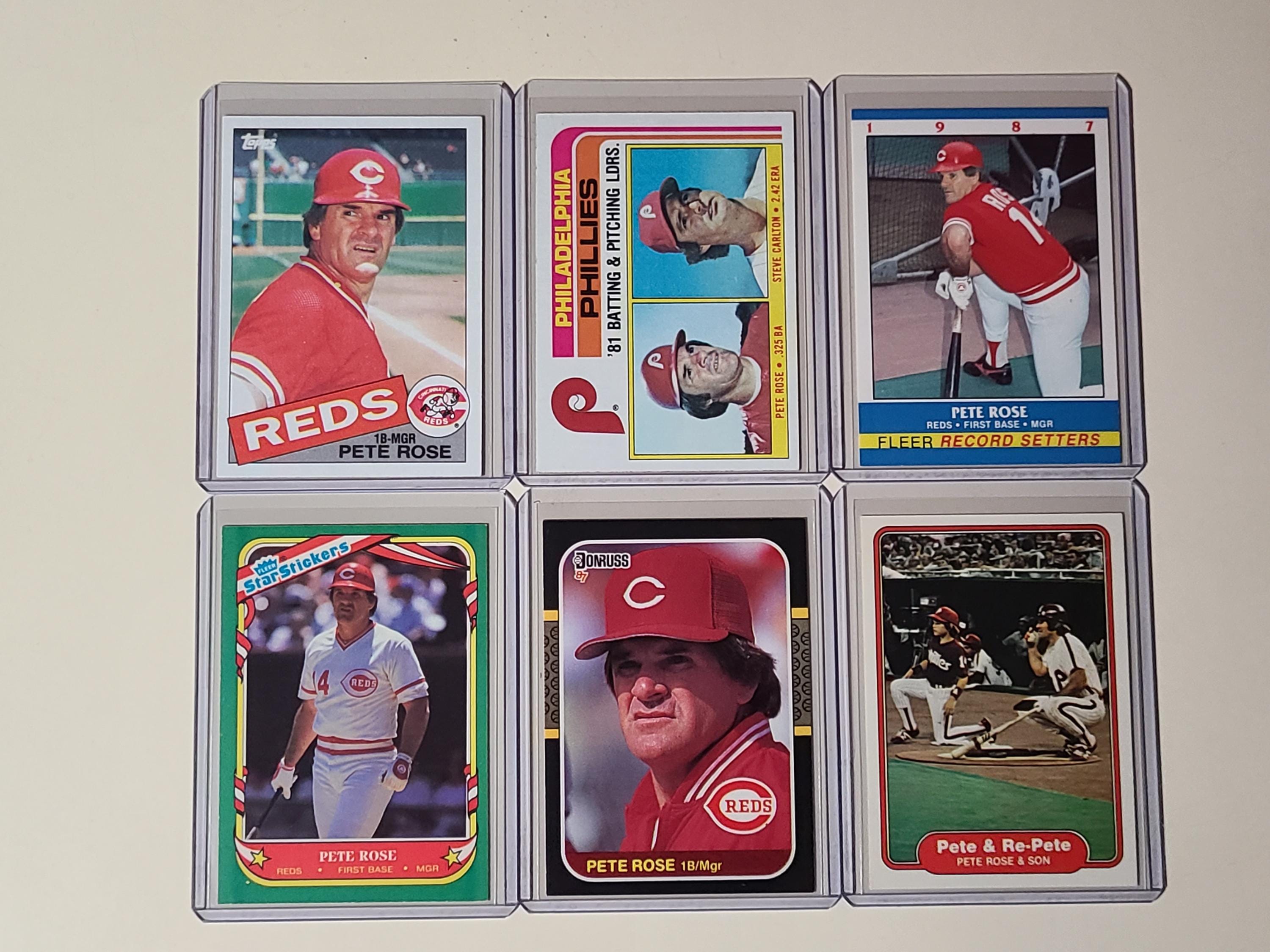 Pete Rose 6 Baseball Card lot Topps, Fleer, Donruss