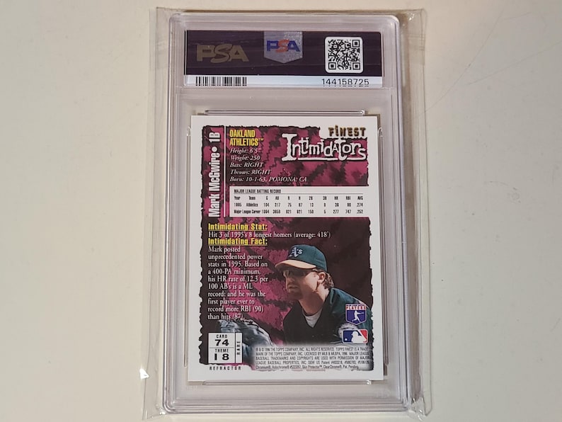 May include: A PSA-graded Mark McGwire baseball card encased in a clear plastic holder. The back of the card features a purple background, a photograph of the player in an Oakland Athletics cap, and printed statistics and biographical information.
