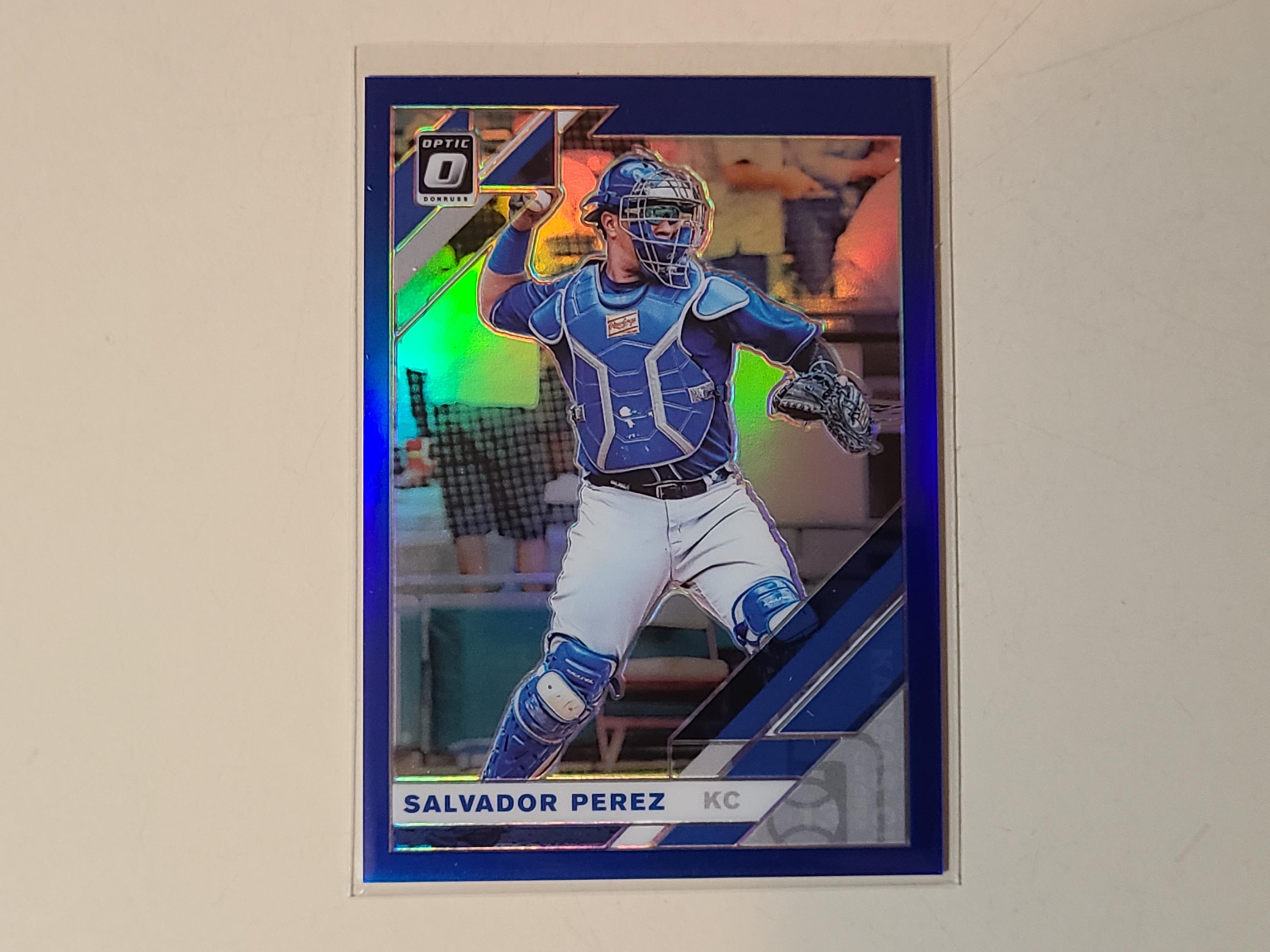Salvador Perez 2019 Donruss Optic Blue Prizm Baseball Card serial numbered #ed /75
