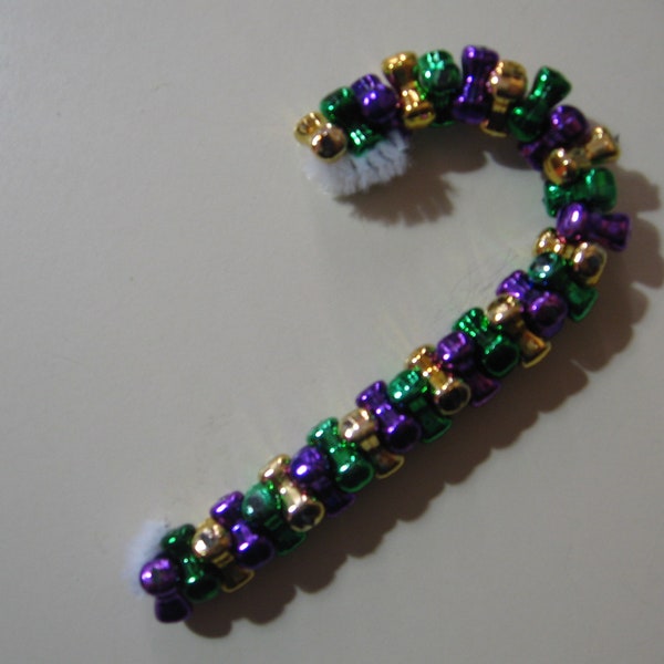 3.5" Candy Cane: Beaded Ornament (Mardi Gras Metallic Colors) NEW handmade