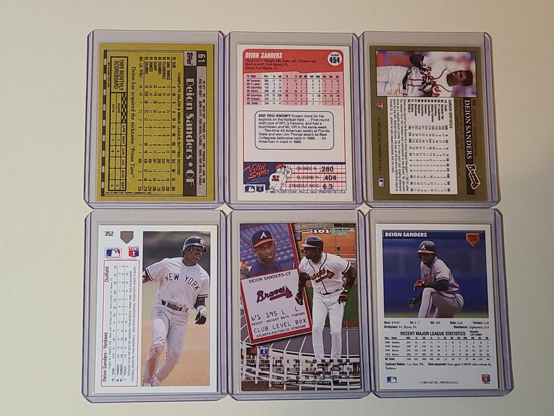 Deion Sanders 6 Baseball Card lot with 1990 Rookies, Fleer, Topps, Leaf, Upper Deck, Donruss bild 2