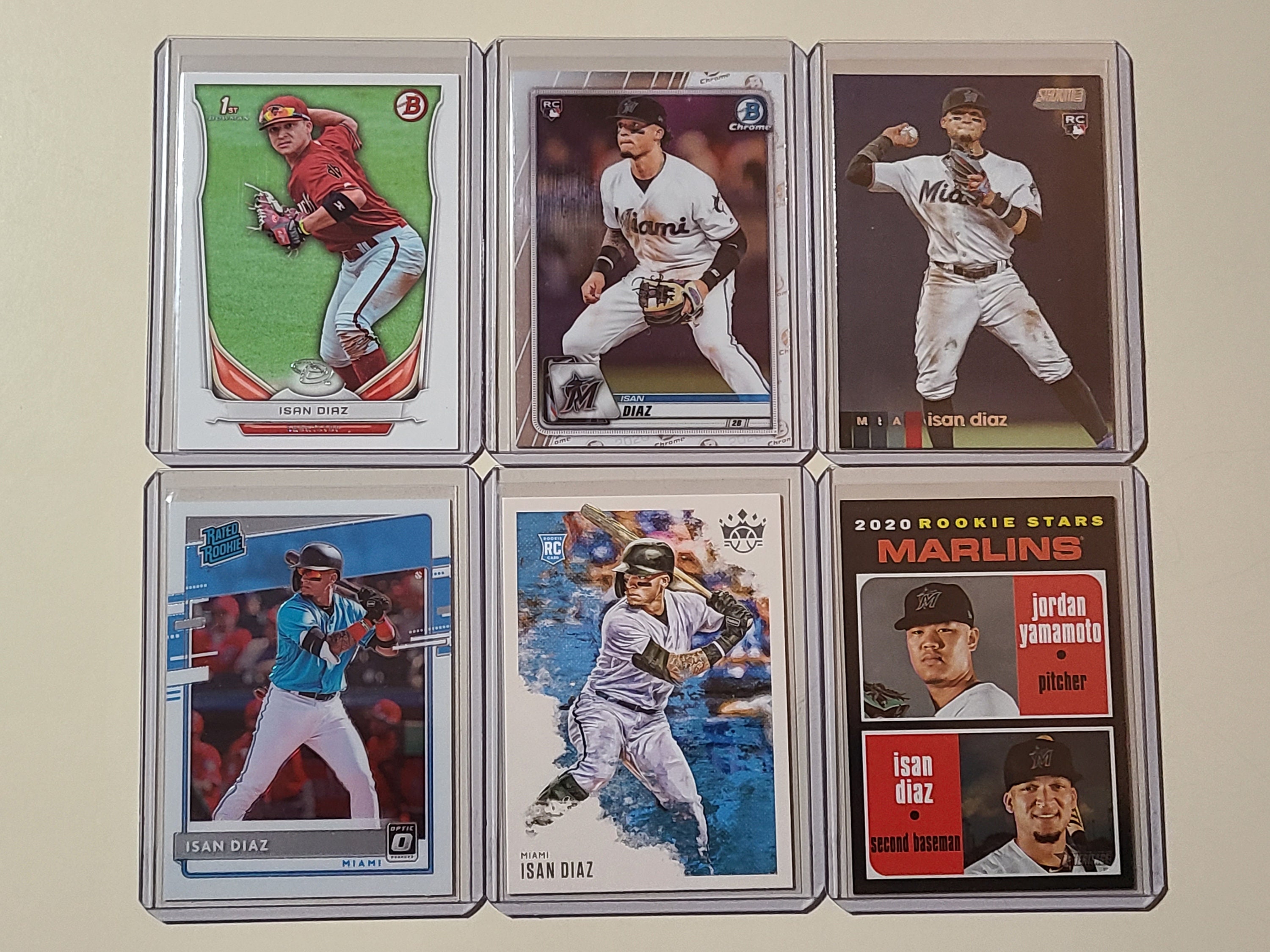 Isan Diaz 6 Baseball Card lot with 2020 Rookies, Donruss Optic, Diamond Kings, Bowman Chrome, Topps Stadium Club