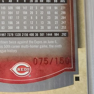 May include: A baseball card featuring the Cincinnati Reds logo and team information. The card has a red and white design with the team's logo prominently displayed. The card is numbered 075/150.