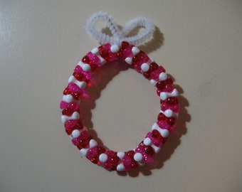 3" Wreath: Beaded Ornament (Valentine's Day glitter w/white) NEW handmade