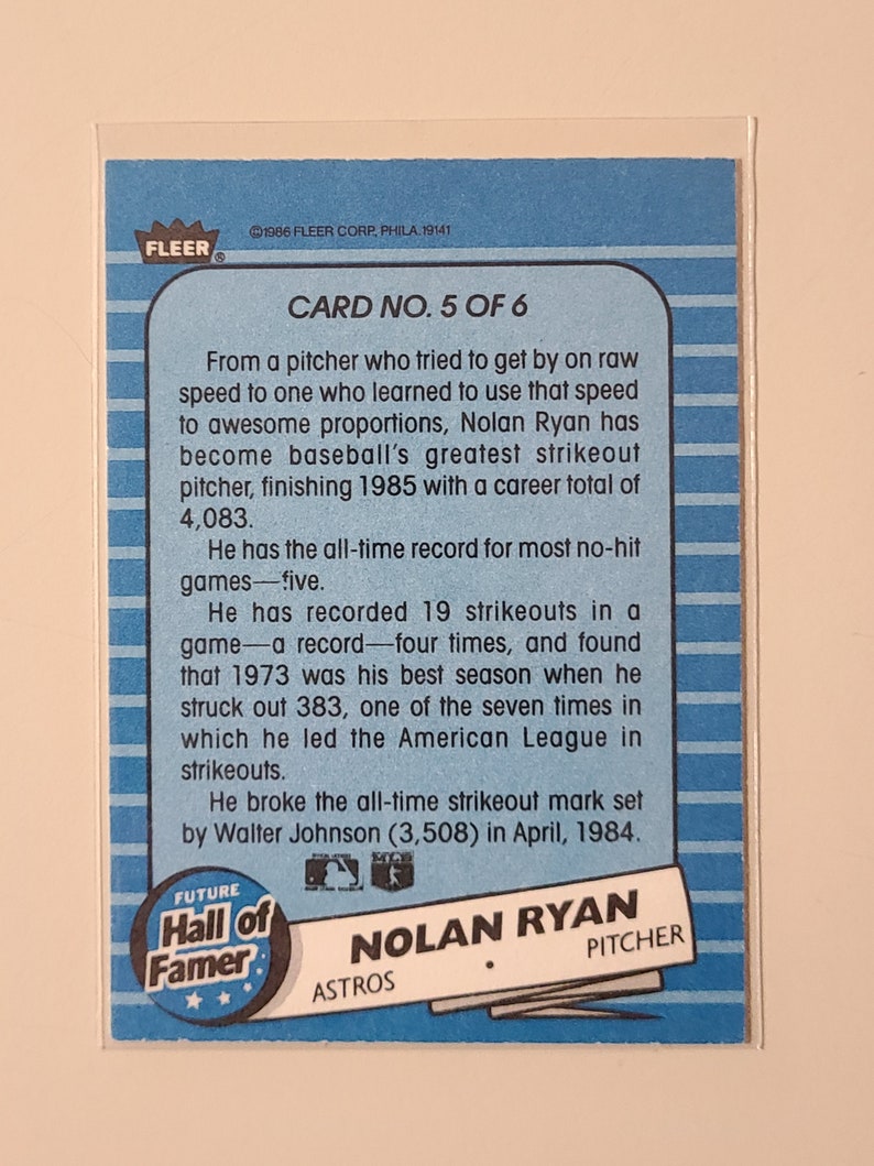 1986 Fleer Hall of Famer Nolan Ryan Baseball Card