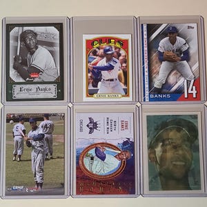 Ernie Banks 6 Baseball Card lot Fleer, Topps, Diamond Kings, Sportflics