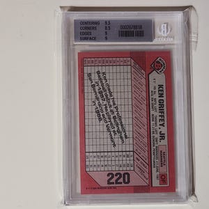 Peut inclure: Une carte de baseball de Ken Griffey Jr. dans un &eacute;tui de protection. Le verso de la carte est rouge avec du texte blanc d&eacute;taillant ses statistiques de carri&egrave;re et ses affiliations d'&eacute;quipe. Le support a une &eacute;tiquette de classement.