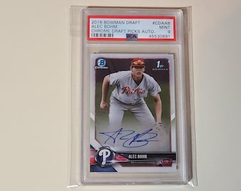 Alec Bohm 2018 Bowman Chrome 1st Prospect Rookie Autograph Baseball Card graded PSA 9 Mint with scratch