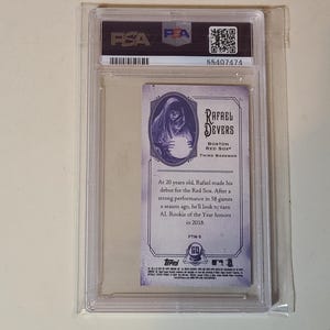 May include: A baseball card featuring Rafael Devers of the Boston Red Sox, encased in a protective plastic holder. The card has a vintage design with a portrait of Devers and biographical text. The card is graded by PSA.