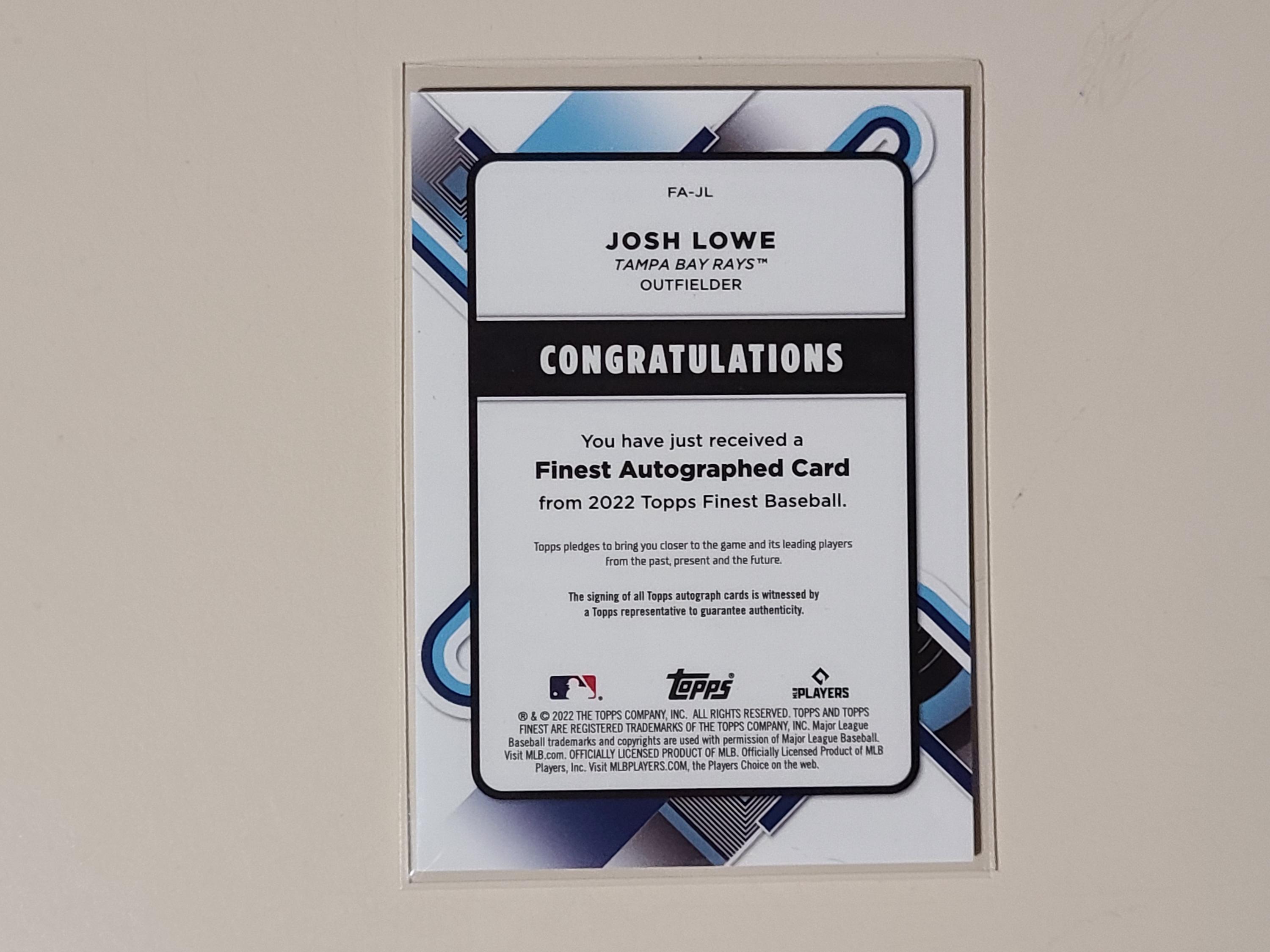 Josh Lowe 2022 Topps Finest RC Rookie AUTO Autograph Baseball Card 