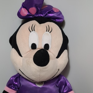 Pu&ograve; includere: Un giocattolo di peluche a forma di topo dei cartoni animati che indossa un vestito viola con pois rosa e un fiocco viola. Il topo ha occhi neri, un naso nero e una faccia rosa.