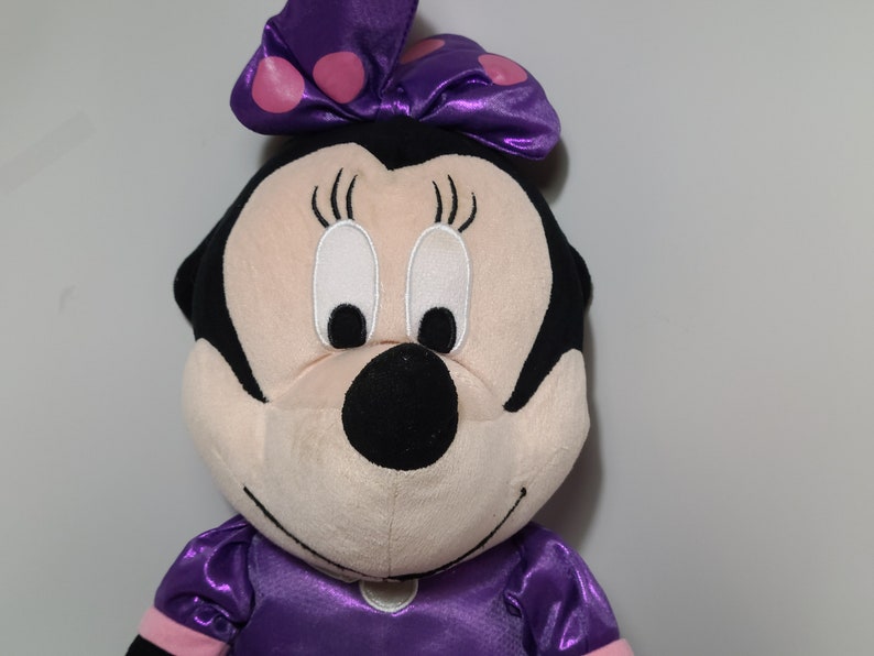 Pu&ograve; includere: Un giocattolo di peluche a forma di topo dei cartoni animati che indossa un vestito viola con pois rosa e un fiocco viola. Il topo ha occhi neri, un naso nero e una faccia rosa.