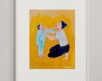 Toothbrush Time | Family Art | Mom and Son | Gouache Illustration