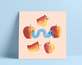 Hungry Worm Nursery Art Print | Animal Art | Apples | Colorful | Children's Art