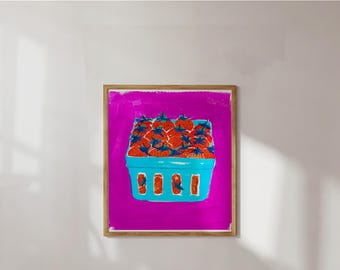 Hot Strawberries | Strawberry Art Print | Produce Art | Home Decor | Bright Colors | Gouache