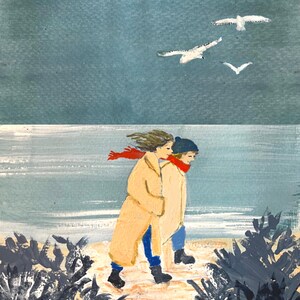 Beach Walk | PNW Beach | Friends at the Beach | Beach House Art | Home Decor | Gouache Illustration