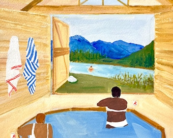 Hot Springs Tub | Relaxing in the Mountains | Women Relaxing | Beautiful Mountains | Home Decor | Gouache Illustration | Sawtooth Mountains